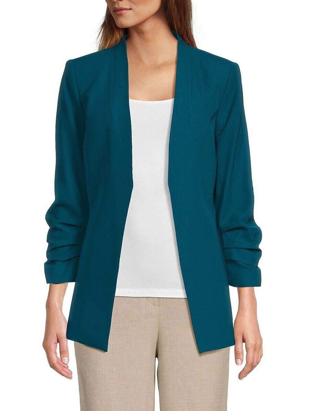 Calvin Klein Women's Open-Front Ruched-Sleeve Blazer - Cypress Blue 12